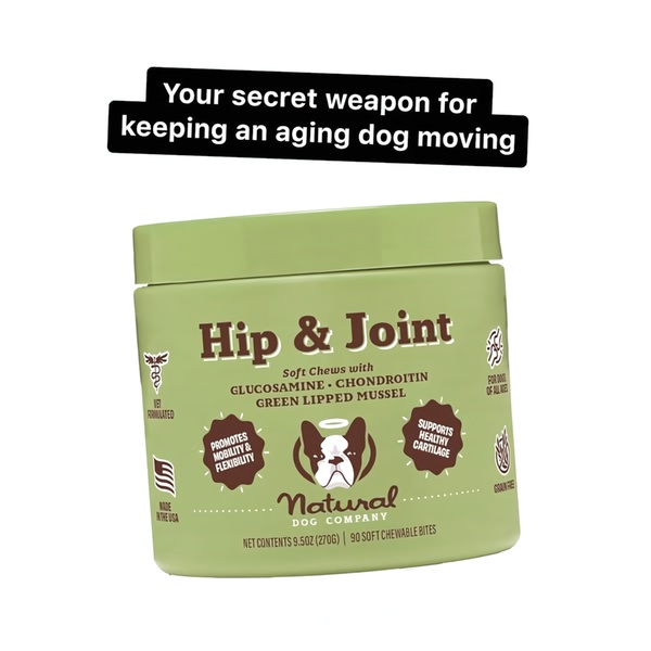A clean, product-centric 1:1 image featuring a jar of Hip & Joint soft chews with clear benefit call-outs and a high-contrast headline.